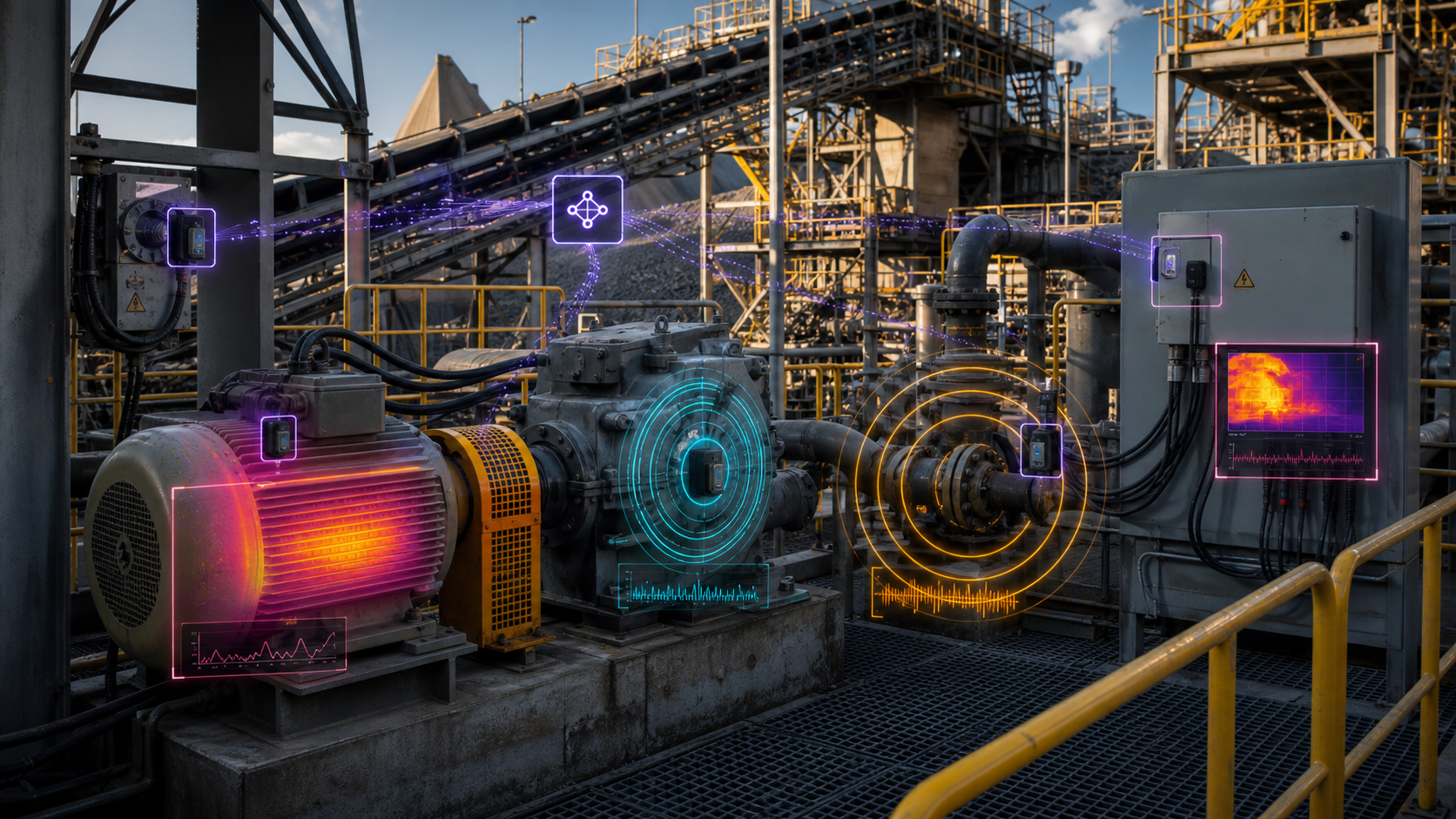 Industrial fixed plant with vibration acoustic thermal and edge AI monitoring overlay