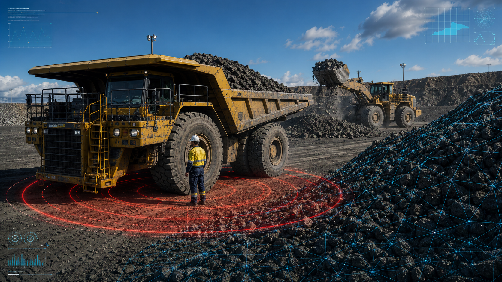 Event vision concept showing mining equipment, ROM stockpile modelling and person danger-zone detection