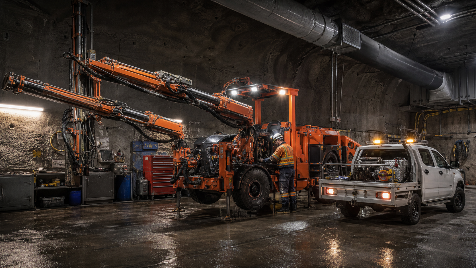 DD421-style underground drill rig in a workshop with mechanic and field service ute